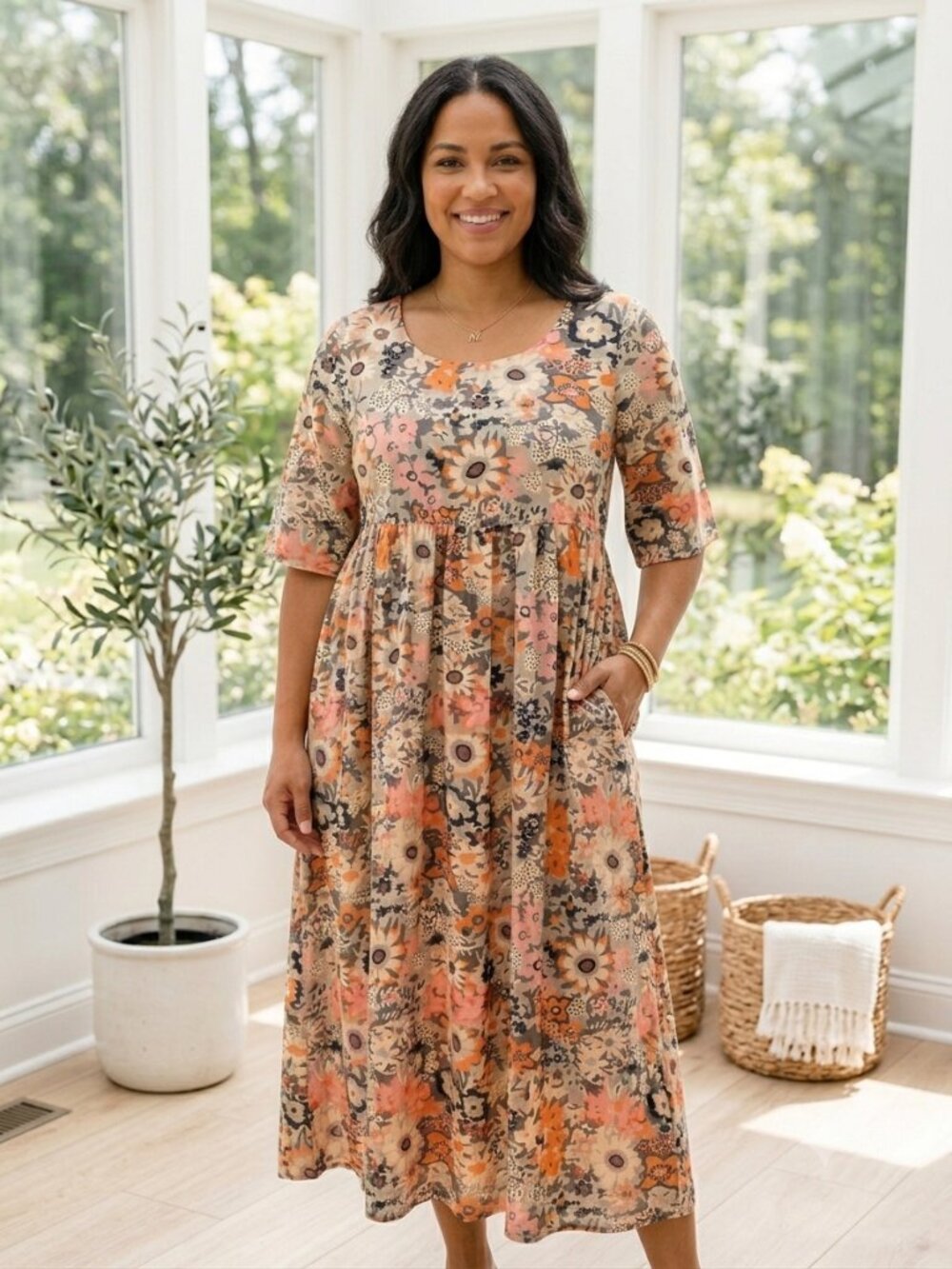 Floral Empire Waist Maxi Dress With Pockets Women's Size M NWOT